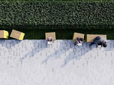 People Sitting On Outdoor Landscape Seats With Yellow Wooden Design Green Hedge And Paved Floor 3d model