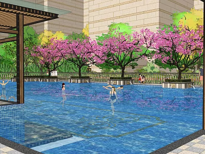 Tranquil Garden Landscape with Blue Pool and Pink Flowering Trees Near High Rise Buildings 3d model