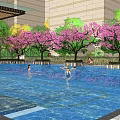Tranquil Garden Landscape with Blue Pool and Pink Flowering Trees Near High Rise Buildings