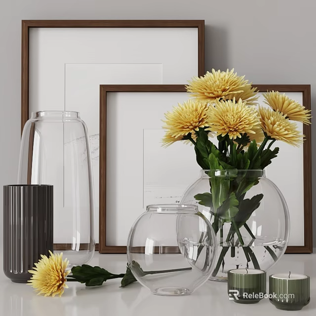 Stylish Decorative Ornament Set With Glass Vases Yellow Flowers And Picture Frames 3d model 