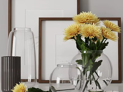 Stylish Decorative Ornament Set With Glass Vases Yellow Flowers And Picture Frames 3d model