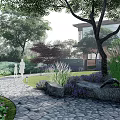 Tranquil Garden Landscape With Trees Purple Flowers Lawn Stone Path And Sculptures
