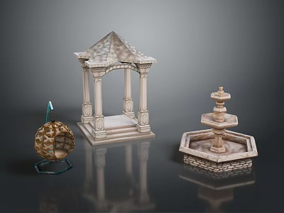 Ornate Gazebo with Columns and Tiered Fountain Featuring Decorative Sphere on Dark Surface with Reflections 3d model