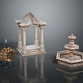 Ornate Gazebo with Columns and Tiered Fountain Featuring Decorative Sphere on Dark Surface with Reflections