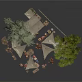 Outdoor Camping Scene With Canvas Tents Trees Wooden Tables And Stones