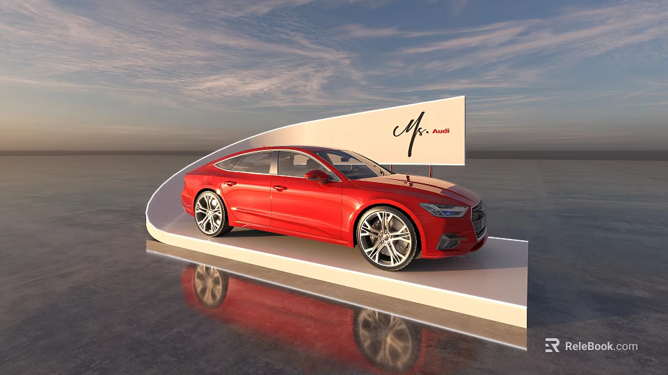 Red Car on White Curved Display Platform with Blue Sky Water and Mr.mu Sign 3d model 