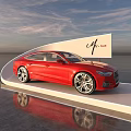 Red Car on White Curved Display Platform with Blue Sky Water and Mr.mu Sign