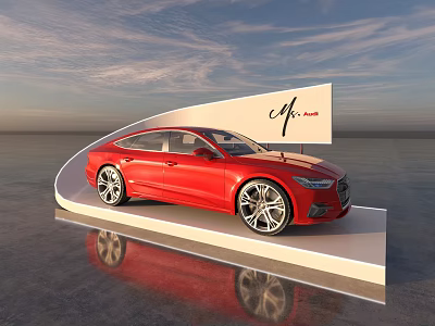 Red Car on White Curved Display Platform with Blue Sky Water and Mr.mu Sign 3d model