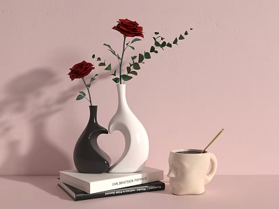 Red Roses with Green Stems in Black and White Heart Shaped Vase on Books 3d model