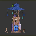 Decorative Tower Structure With Blue Roof Wooden Base Colorful Decorations And Hanging Tassels