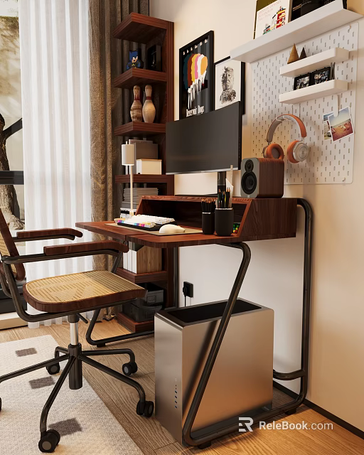 Wooden Home Office Desk With Computer Monitor Headphones Bookshelf Chair And Wall Pegboard 3d model 