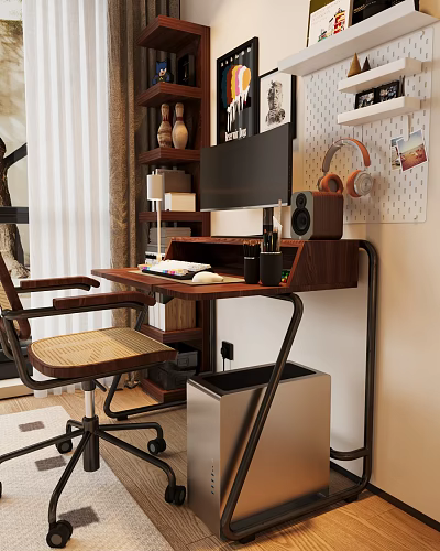 Wooden Home Office Desk With Computer Monitor Headphones Bookshelf Chair And Wall Pegboard 3d model