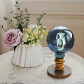 Decorative Ornament Set with White Vase Pink Rose Blue Purple Light Bulb Ornaments Wooden Base