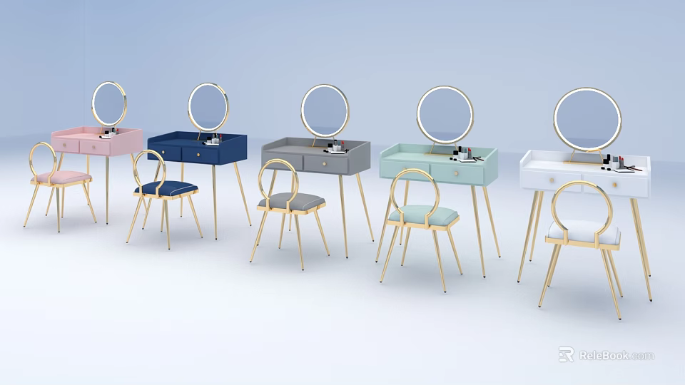 Modern Colorful Dressing Table Sets With Round Mirrors And Metal Leg Chairs 3d model 