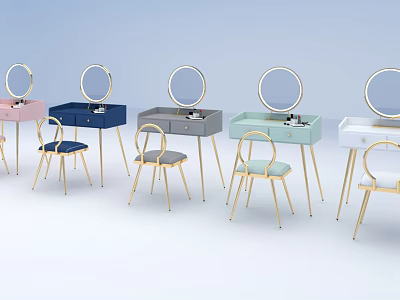 Modern Colorful Dressing Table Sets With Round Mirrors And Metal Leg Chairs 3d model