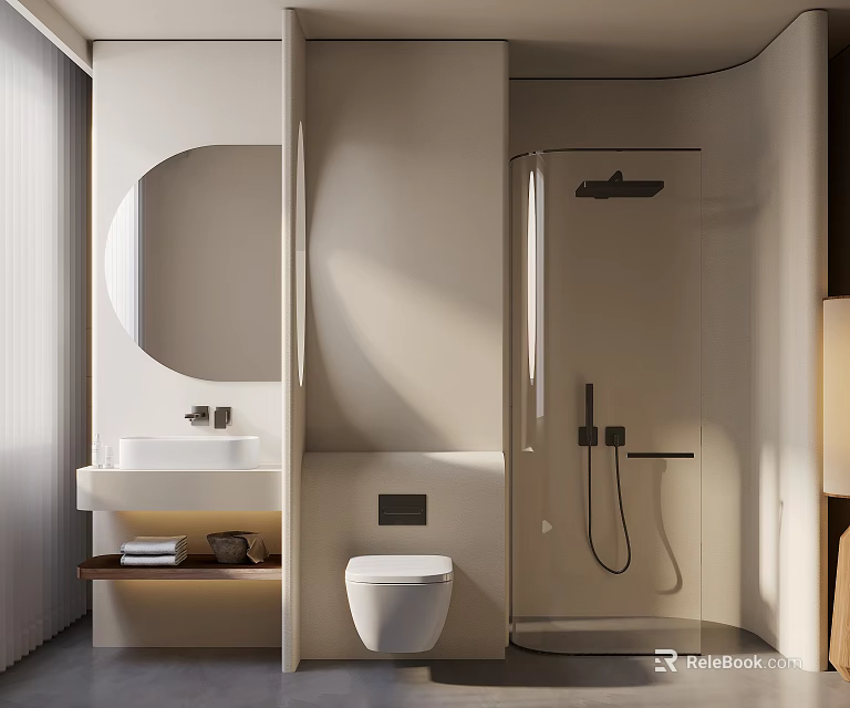 Modern Bathroom Interior Design With Oval Mirror Sink Counter Toilet And Glass Shower Enclosure 3d model 