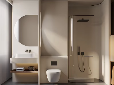 Modern Bathroom Interior Design With Oval Mirror Sink Counter Toilet And Glass Shower Enclosure 3d model