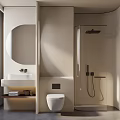 Modern Bathroom Interior Design With Oval Mirror Sink Counter Toilet And Glass Shower Enclosure