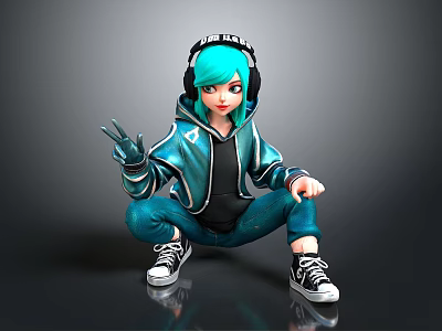 3D Character With Teal Hair Headphones Hoodie And Cargo Pants Squatting Pose Peace Sign 3d model