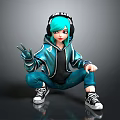 3D Character With Teal Hair Headphones Hoodie And Cargo Pants Squatting Pose Peace Sign