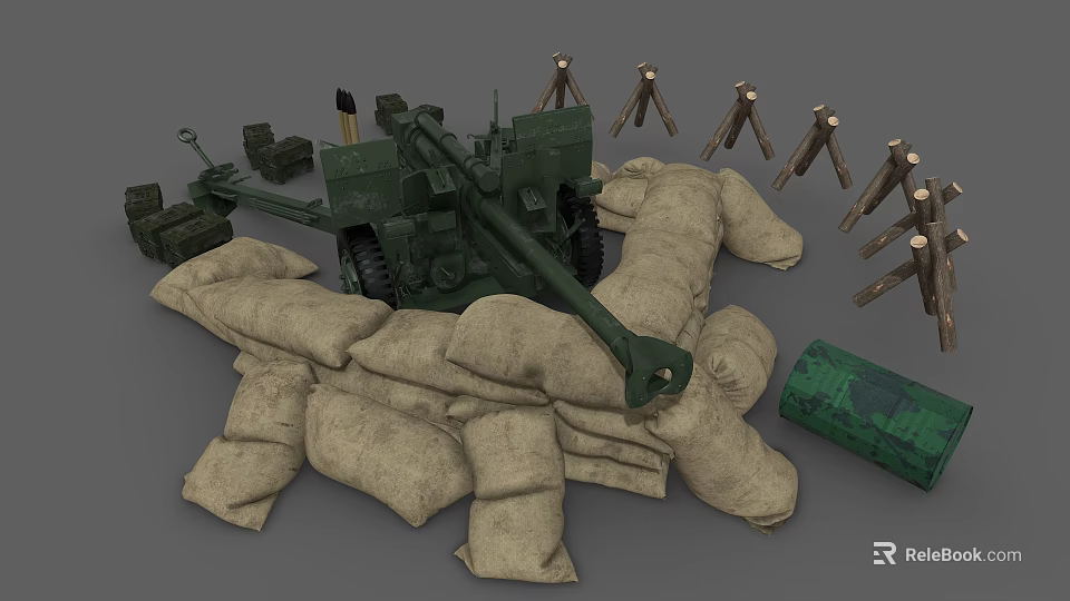 Military Weapon Tank Equipped With Sandbags Wooden Crates And Tripods Setup 3d model 