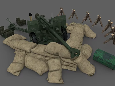 Military Weapon Tank Equipped With Sandbags Wooden Crates And Tripods Setup 3d model