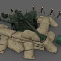 Military Weapon Tank Equipped With Sandbags Wooden Crates And Tripods Setup