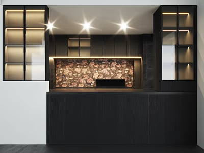 Modern Black Kitchen Interior With Cabinet Lighting And Floral Backsplash 3d model
