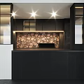 Modern Black Kitchen Interior With Cabinet Lighting And Floral Backsplash