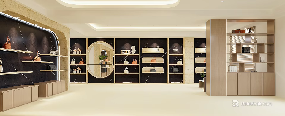 Modern Elegant Bag Boutique Interior With Display Shelves Various Bags And Round Mirror 3d model 