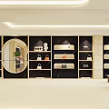 Modern Elegant Bag Boutique Interior With Display Shelves Various Bags And Round Mirror