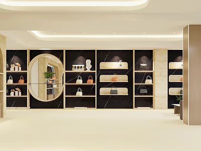 Modern Elegant Bag Boutique Interior With Display Shelves Various Bags And Round Mirror 3d model