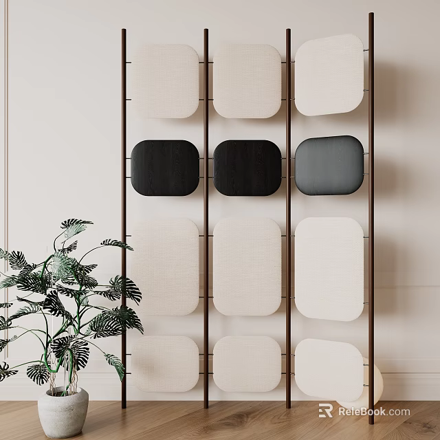 Modern Room Divider Design With Beige Black Fabric Panels Wooden Frame And Indoor Plant 3d model 