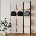 Modern Room Divider Design With Beige Black Fabric Panels Wooden Frame And Indoor Plant