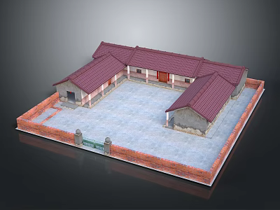 Traditional Chinese Courtyard House Architecture With Red Roof Square Courtyard And Brick Walls 3d model