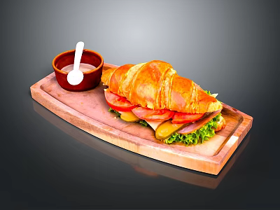 Fresh Croissant Sandwich With Tomato Lettuce Ham On Wooden Board And Sauce 3d model
