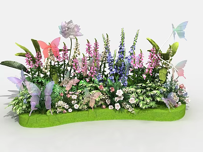 Floral Display With Colorful Pink Purple Blue Flowers And Butterfly Decorations On Green Base 3d model