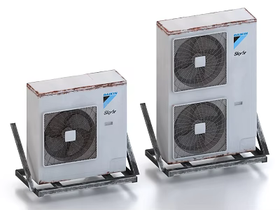 Daikin 3MXM Outdoor Air Conditioner Fans With Rusty Exteriors Placed On Metal Stands 3d model