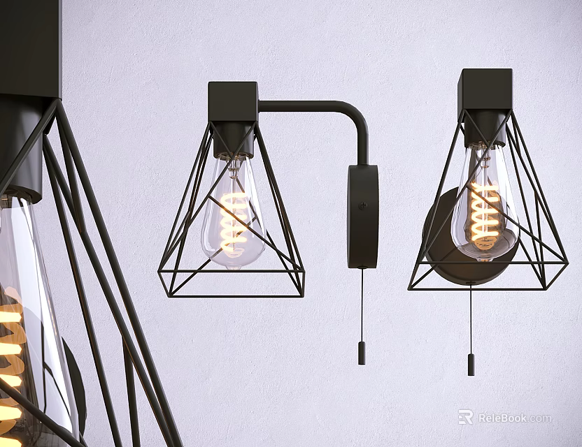 Sleek Black Metal Wall Lamps With Geometric Shades And Spiral Bulbs Mounted On White Wall 3d model 
