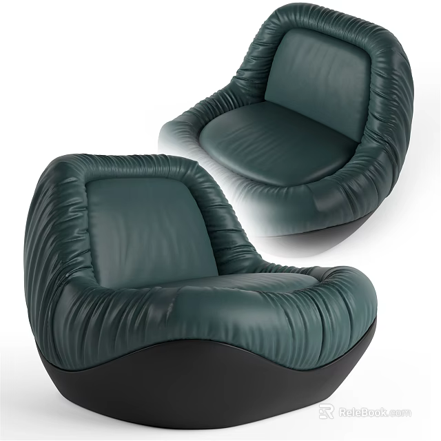 Dark Green Leather Single Sofa With Pleated Design And Curved Backrest Black Base Modern Style 3d model 