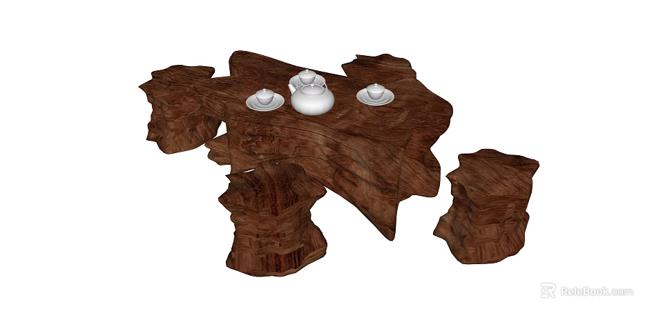 Root Carving Wooden Tea Table with Natural Shape Featuring White Teapot Cups and Matching Stools 3d model 