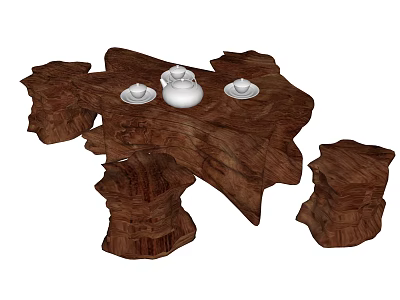 Root Carving Wooden Tea Table with Natural Shape Featuring White Teapot Cups and Matching Stools 3d model