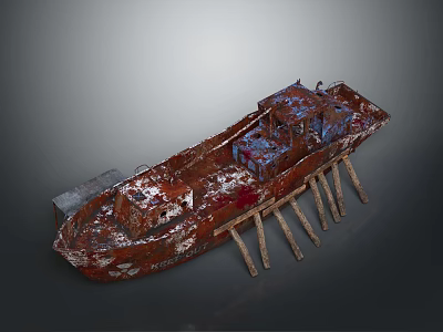 Rusted Old Vintage Water Boat Rested on Wooden Stands for 3d model
