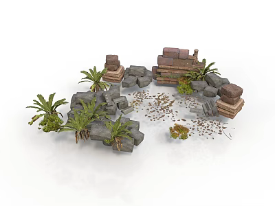 Modern Garden Decor Elements With Stones Bricks And Green Plants 3d model