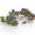Modern Garden Decor Elements With Stones Bricks And Green Plants 3d model