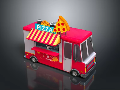 Red Mobile Pizza Truck With Pizza Sign Striped Awning And Slice Decoration 3d model