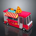 Red Mobile Pizza Truck With Pizza Sign Striped Awning And Slice Decoration
