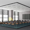 Modern Conference Room With Glass Walls Blinds Blackboard Orange Seats Blue Floor And Yellow Decorations