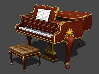 Ornate Red Wooden Piano with Gold Accents Music Sheet and Leather Stool 3d model