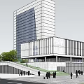 Modern Glass Office Building with Surrounding Greenery Public Square and Pedestrian Areas